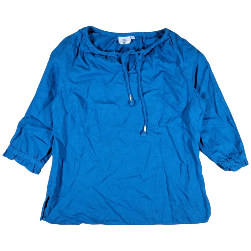Hot Cotton 100% Linen Top Womens M Blue 3/4 Sleeve Tie Neck Coastal Boho Casual
